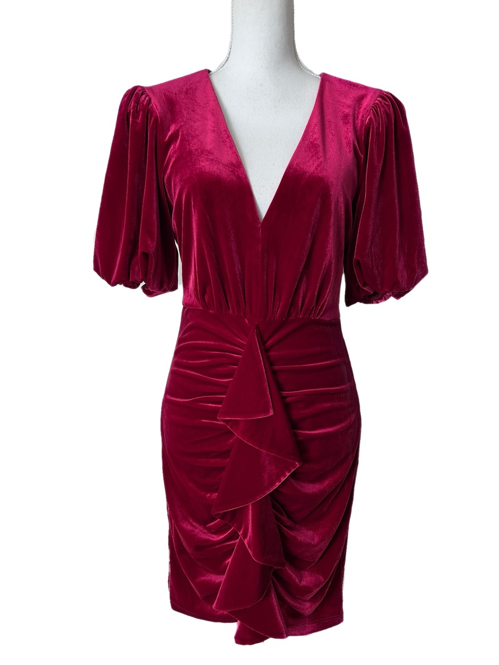 BCBGMAXAZRIA Velvet Dress Ruched Puff Sleeve Feminine Party Cocktail Sexy Dressy